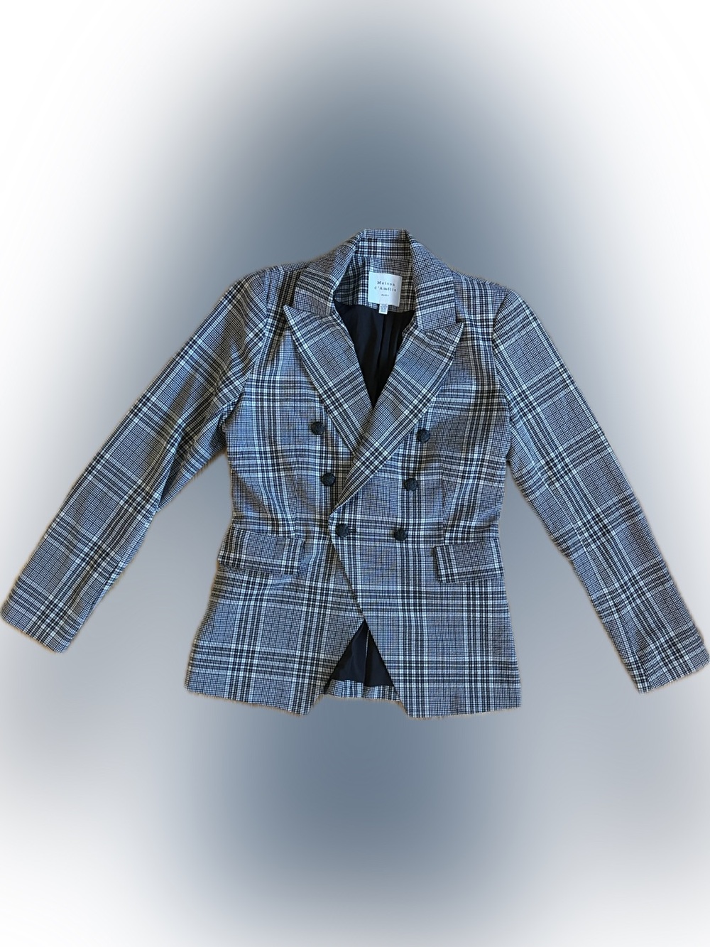 Woven Plaid Double-Breasted Blazer in Black and White